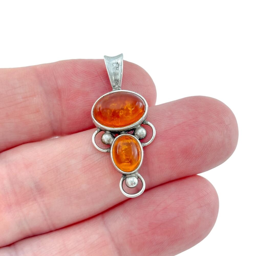 Vintage Sterling Silver 925 Double Amber Cabochon Pendant